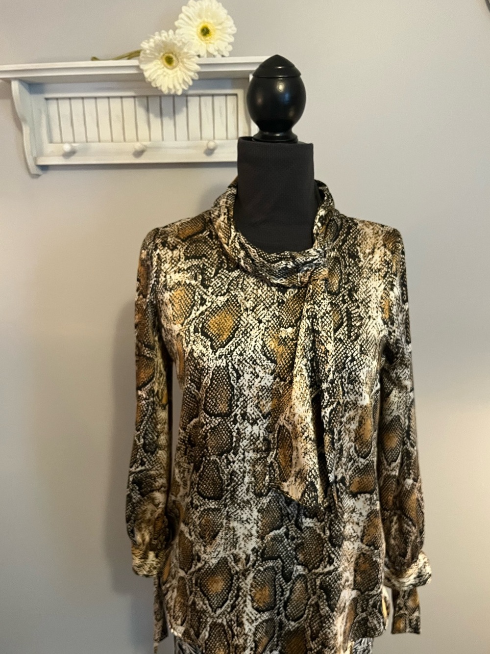 Zara Snake-Print Tie-Neck Blouse in Brown and Black EUC